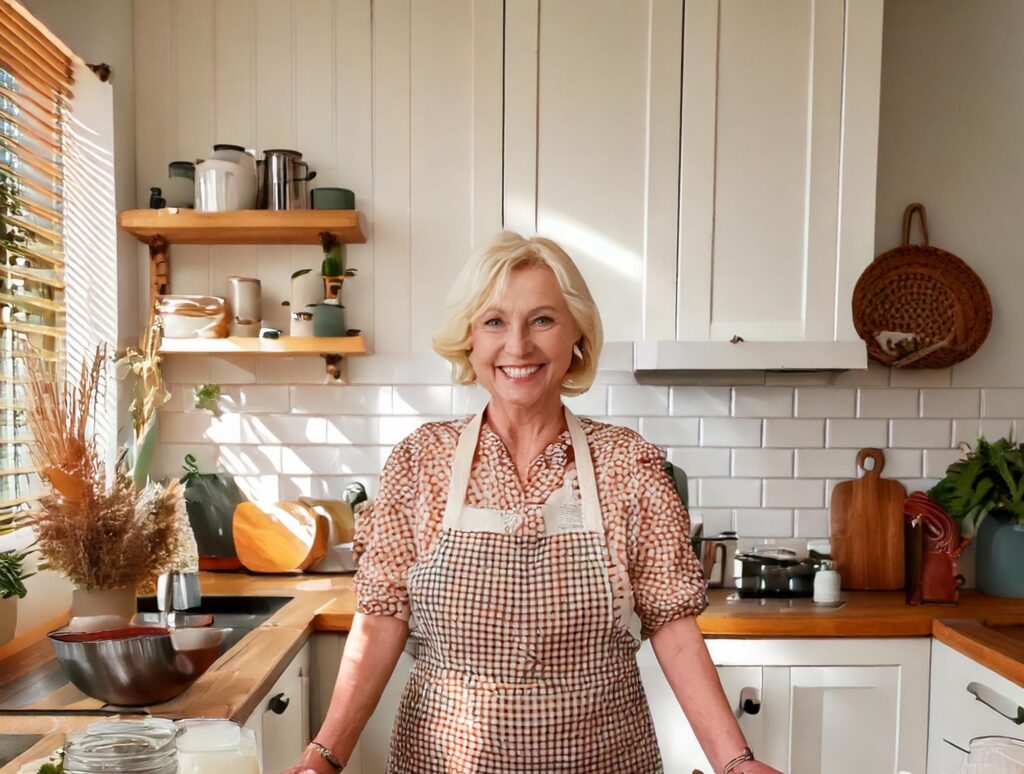 Joy, the chef grandma of Archive Recipes, smiling warmly in her kitchen with a wooden spoon in hand.