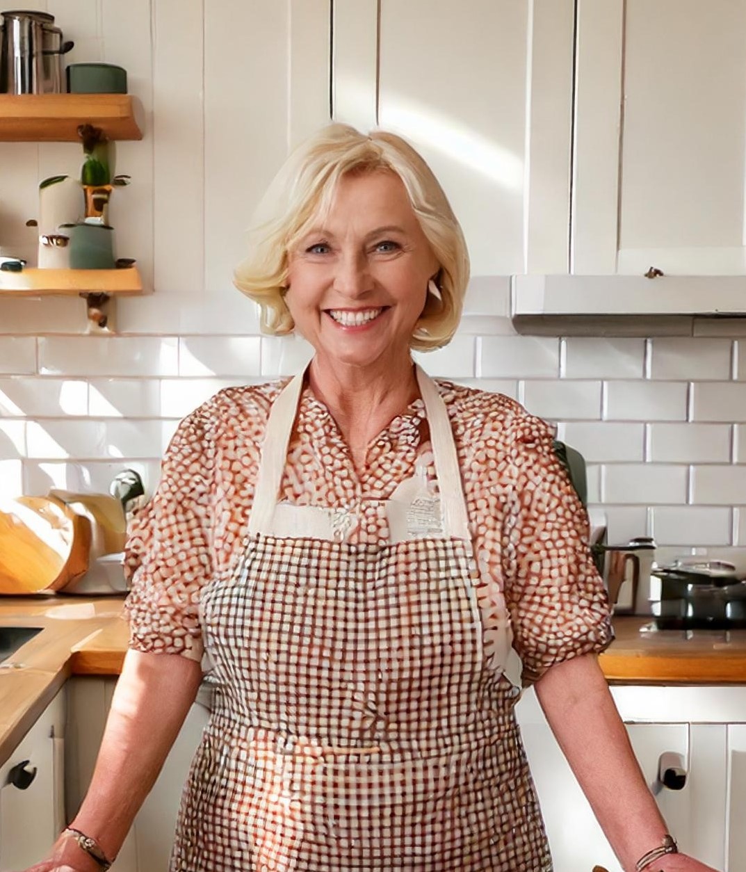 A warm and cheerful grandmother named Joy, with short blonde hair, wearing a checkered apron over a cozy blouse. She stands in a bright, inviting kitchen, smiling warmly, ready to share her homemade recipes.

