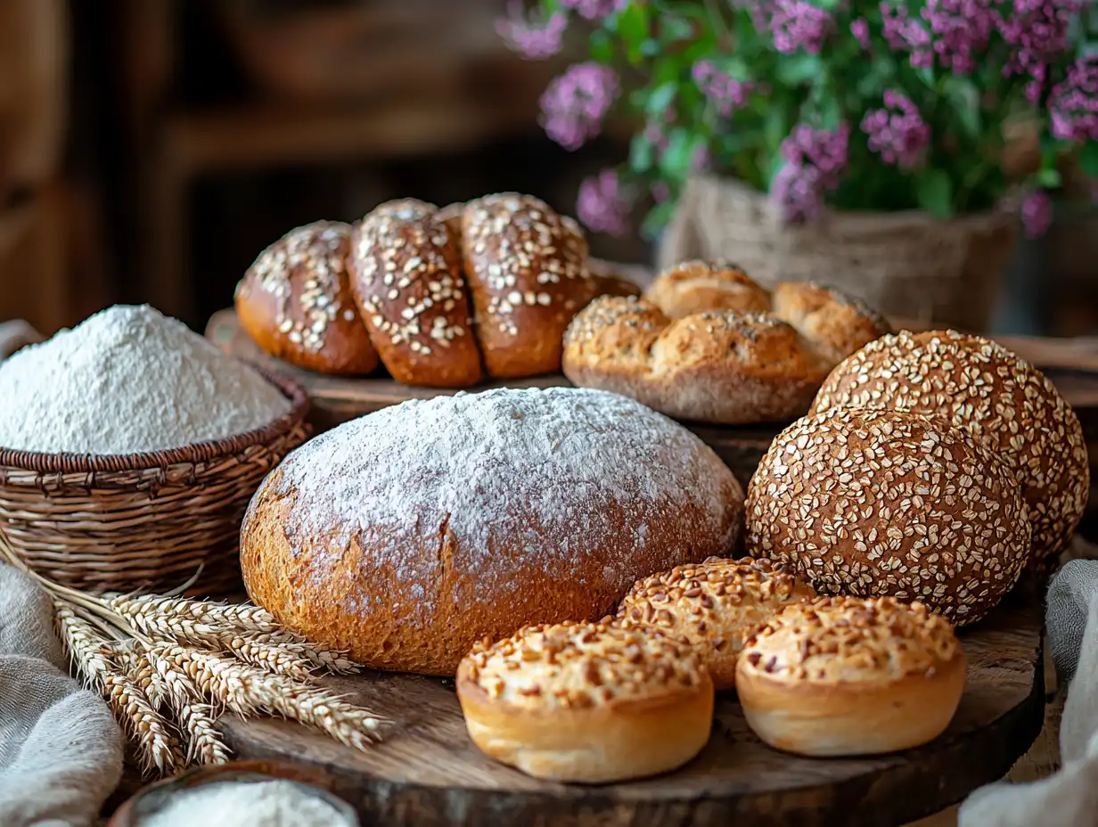A rustic kitchen table displaying sourdough discard recipes like pancakes, crackers, bread, and brownie batter, surrounded by baking ingredients.