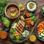 A rustic kitchen table featuring slow carb dishes like grilled chicken with broccoli, black bean salad, and vegetable stir-fry, surrounded by fresh produce and herbs.