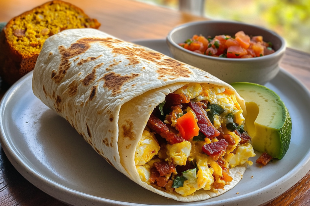 Freshly prepared breakfast burrito with potatoes, eggs, and melted cheese, sliced to show vibrant fillings on a wooden cutting board.