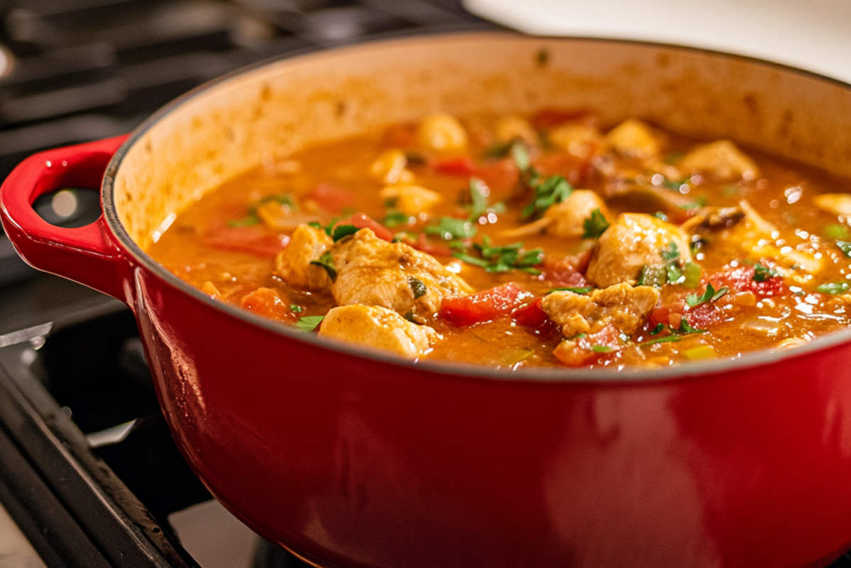 A bowl of low carb chicken crock pot soup, garnished with fresh herbs and surrounded by vegetables on a wooden table.