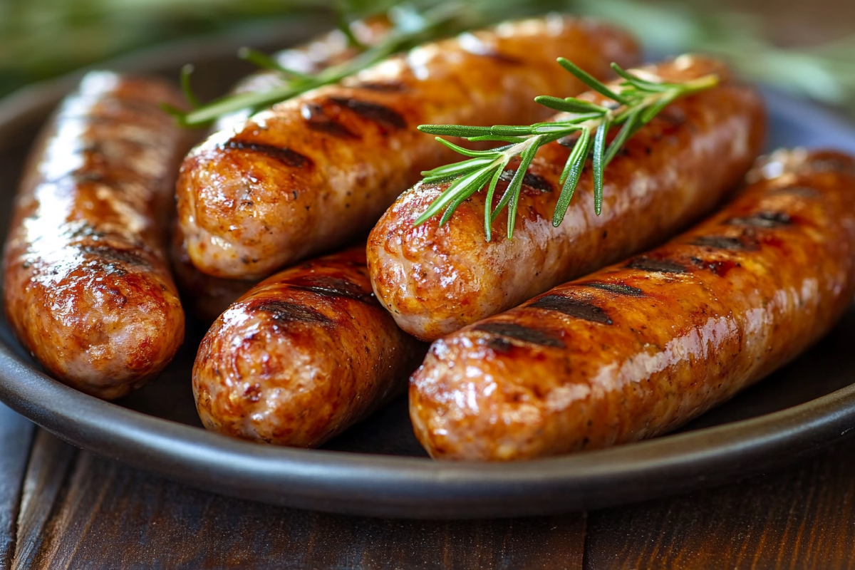 A breakfast sausage patty on a plate with fresh herbs, spices, and raw ingredients on a rustic kitchen counter.