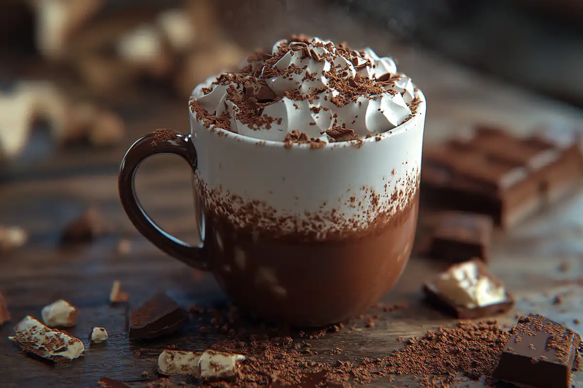 A frothy glass of chocolate milk with chocolate shavings and a striped straw in a cozy kitchen setting.