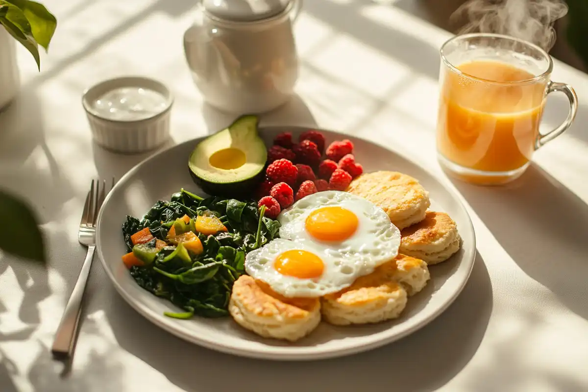 A slice of toasted sourdough bread topped with avocado, a poached egg, and microgreens, served with coffee and fresh berries.