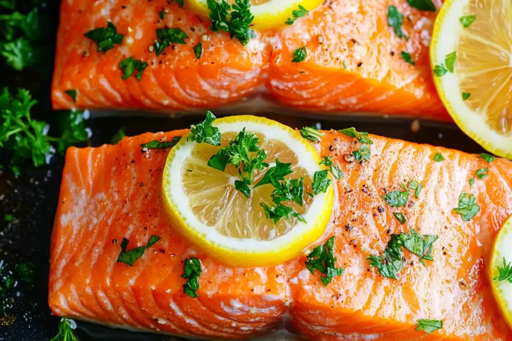 Fresh ingredients for salmon stew, including salmon fillets, diced vegetables, and herbs on a wooden countertop.
