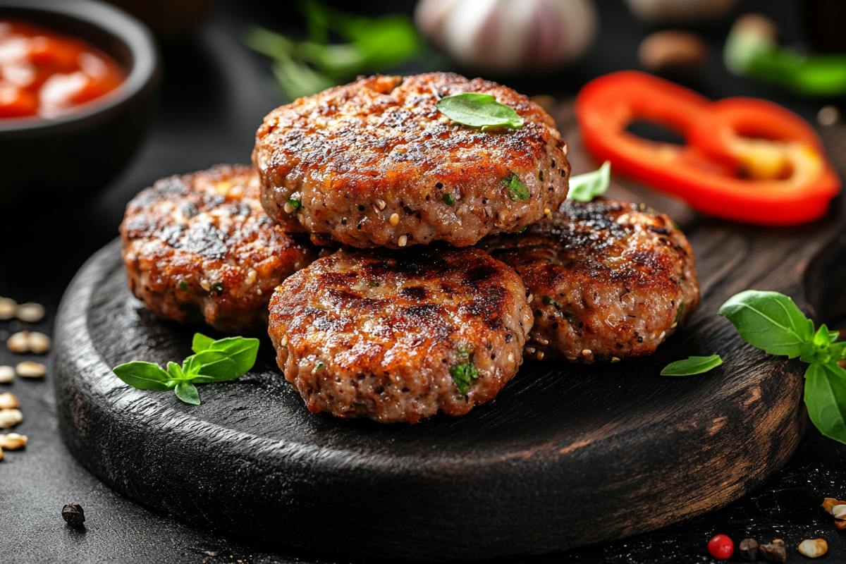 Freshly cooked sausage patties on a plate with surrounding bowls of spices including sage, black pepper, thyme, and garlic powder on a wooden table.