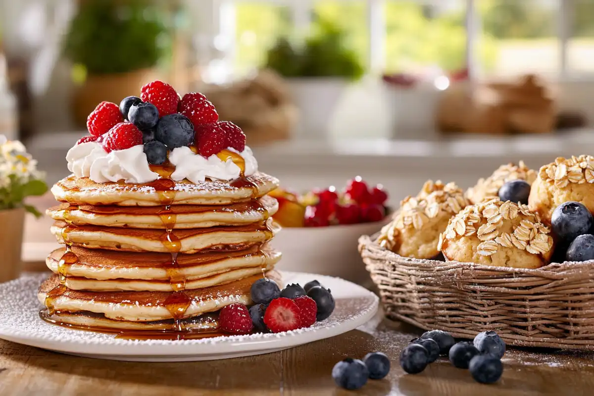 Breakfast table with sourdough discard pancakes, waffles, and muffins, topped with berries and syrup, in warm sunlight.