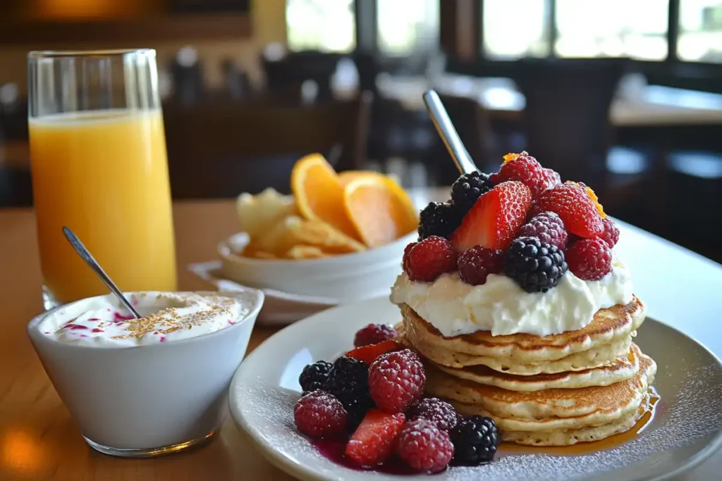 A breakfast spread with whole grain pancakes, fresh berries, yogurt parfait, and orange juice