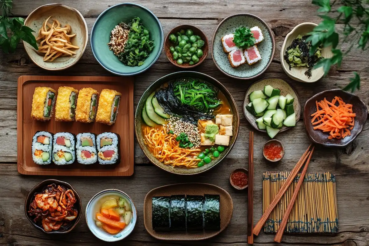 An inviting spread of traditional Japanese vegetarian dishes on a rustic wooden table.
