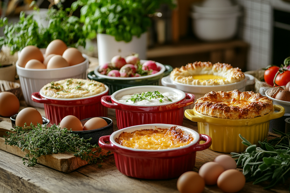 Vibrant mini cocottes filled with dishes on a rustic table.
