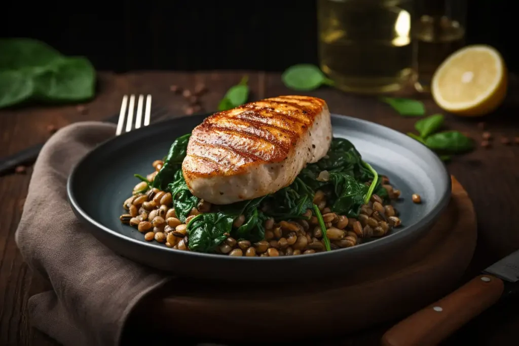 A delicious slow-carb meal with chicken, lentils, and spinach.