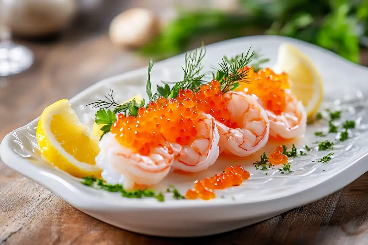 Fresh shrimp with vibrant orange roe garnished with herbs and lemon slices on a white ceramic plate.