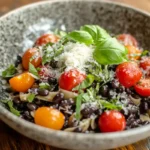 Featured image of a black bean pasta dish with tomatoes and basil.