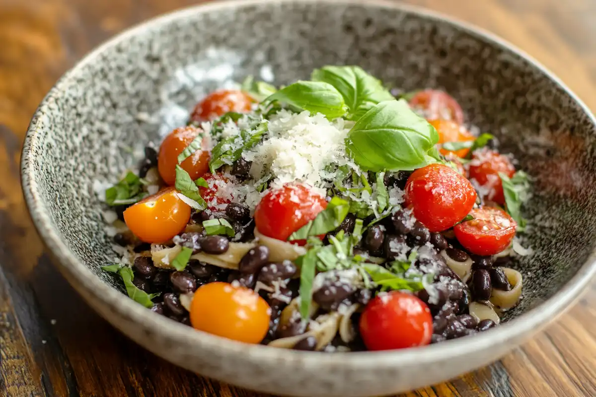 Featured image of a black bean pasta dish with tomatoes and basil.
