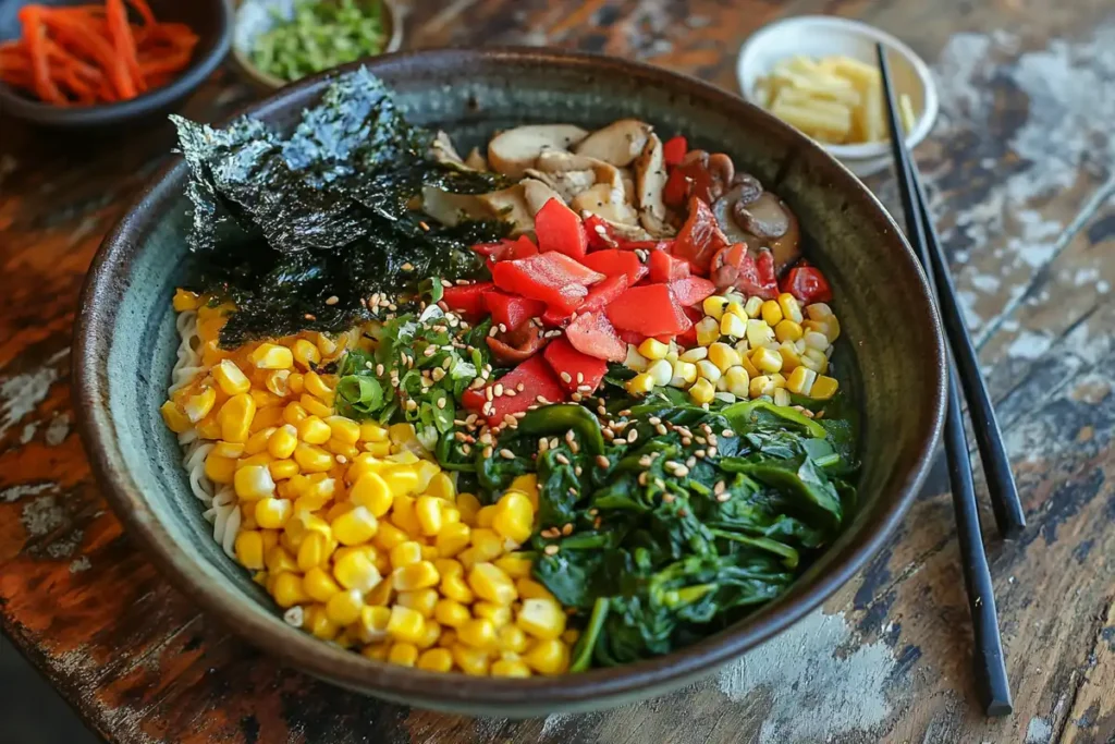 A vibrant bowl of vegetarian ramen with fresh toppings like spinach, mushrooms, and nori.