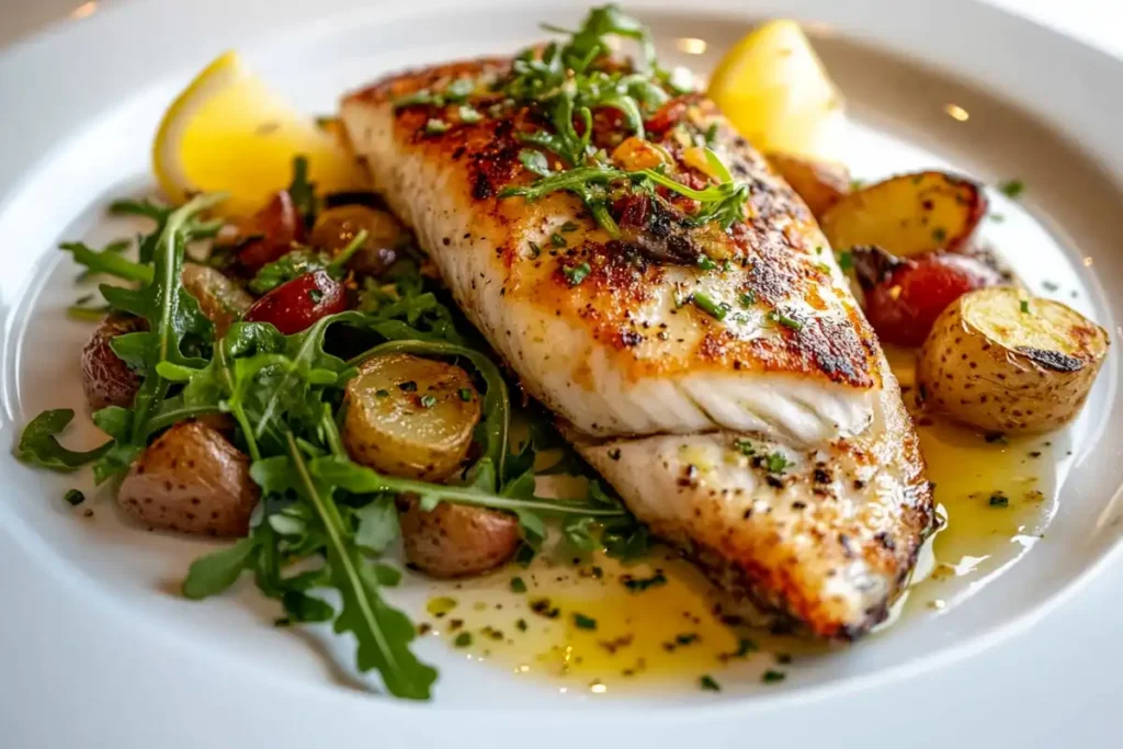 Plated branzino fillet with crispy skin, roasted potatoes, and a fresh arugula salad.