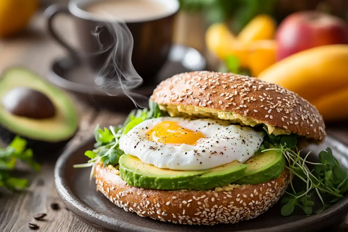Whole-grain bagel with avocado and poached eggs on a wooden table.