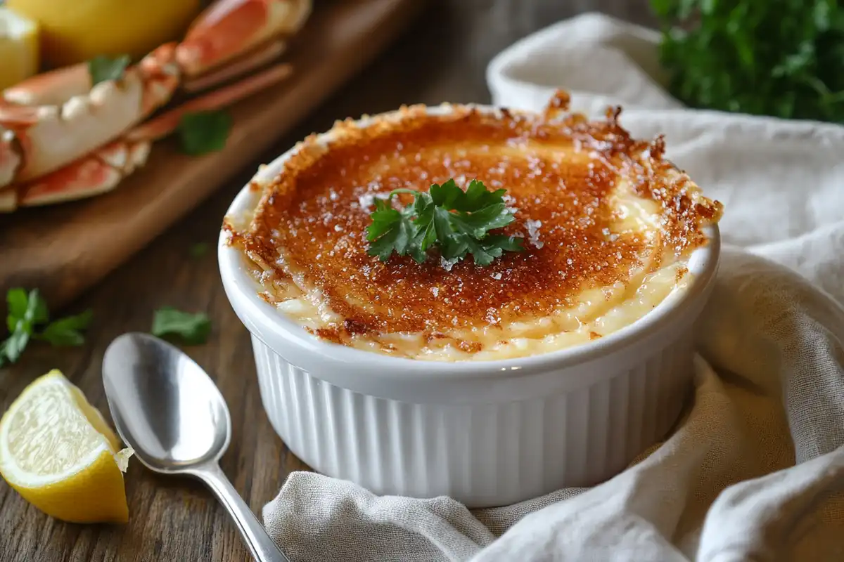 A plated crab brûlée in a ramekin with a caramelized crust and parsley garnish.