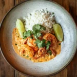 Creamy coconut shrimp served with rice, garnished with cilantro and lime.