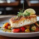 Crispy fried triggerfish with roasted vegetables in a rustic kitchen