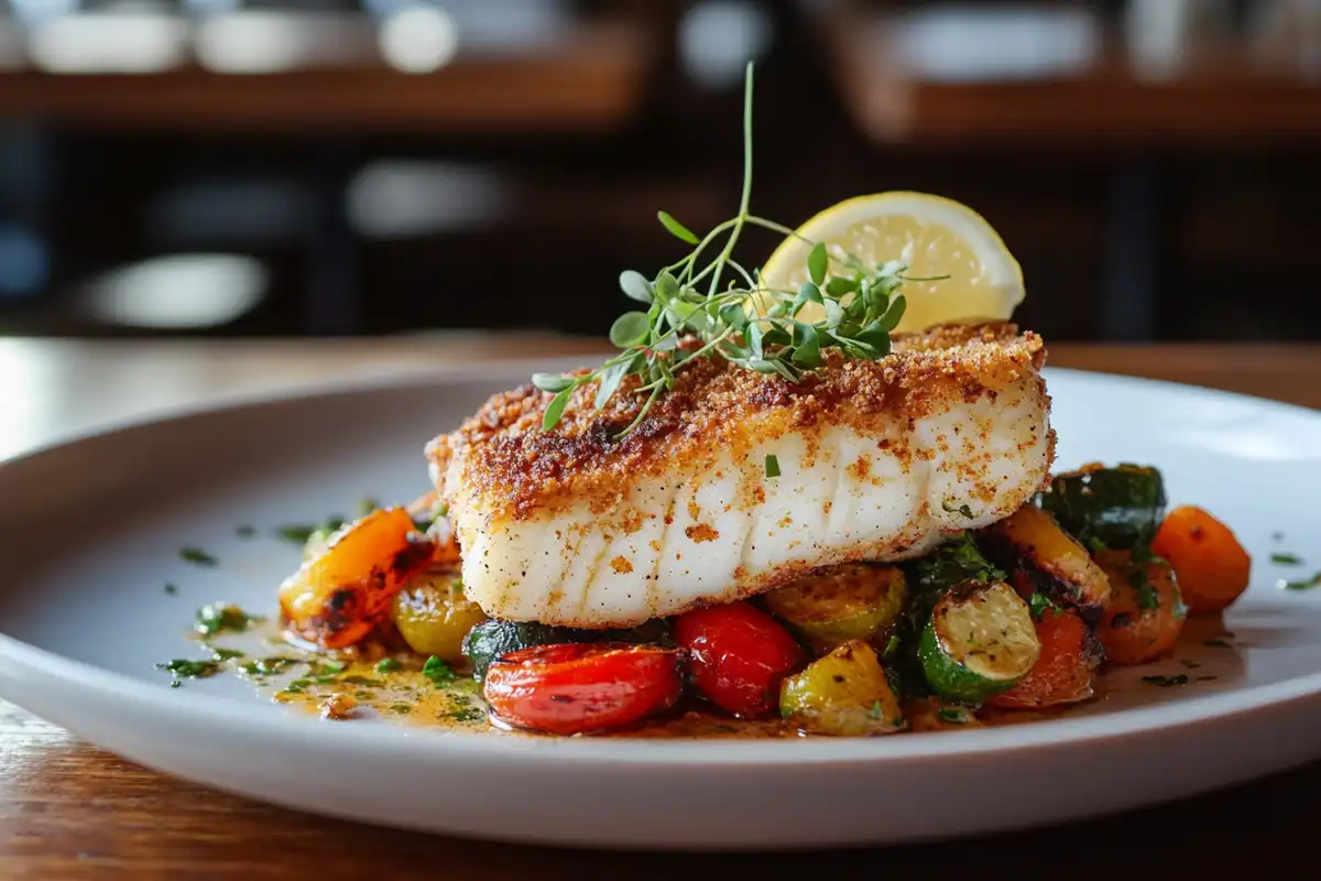 Crispy fried triggerfish with roasted vegetables in a rustic kitchen