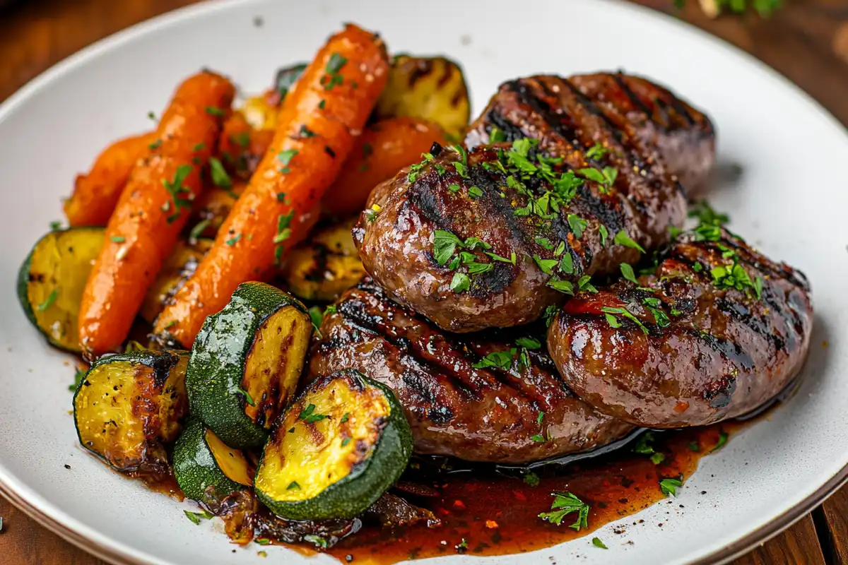 Grilled beef sausages with roasted vegetables on a rustic wooden table.