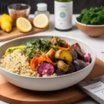 A vibrant Green Chef recipe featuring a quinoa bowl with roasted vegetables, fresh herbs, and a cozy kitchen in the background.
