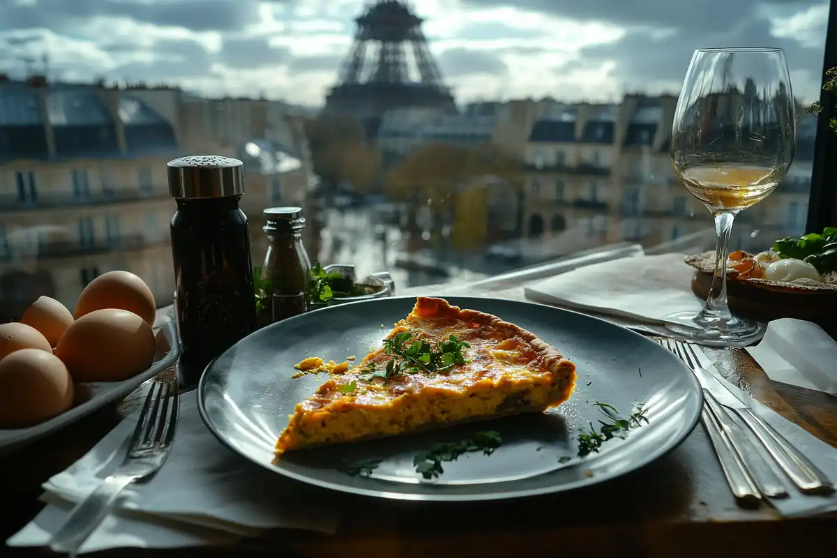 Slice of tortilla quiche bake garnished with herbs.