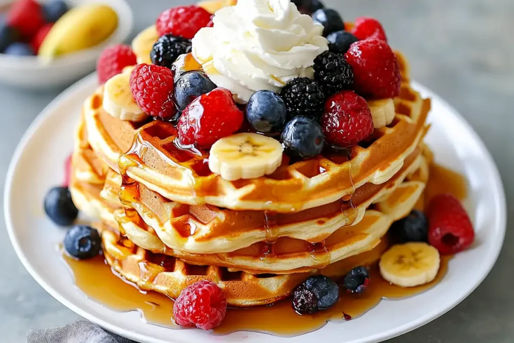 Plated Kodiak waffles topped with syrup, berries, bananas, and whipped cream.