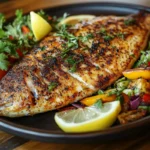 A baked whole tilapia garnished with herbs and lemon.