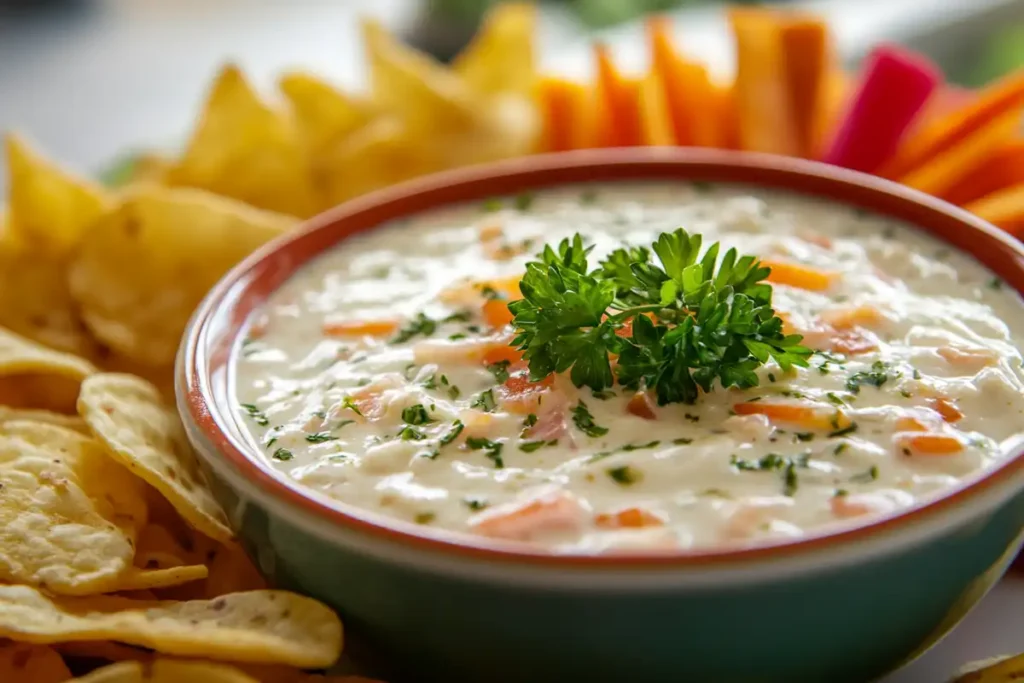 Lipton onion dip served with chips and crudités.
