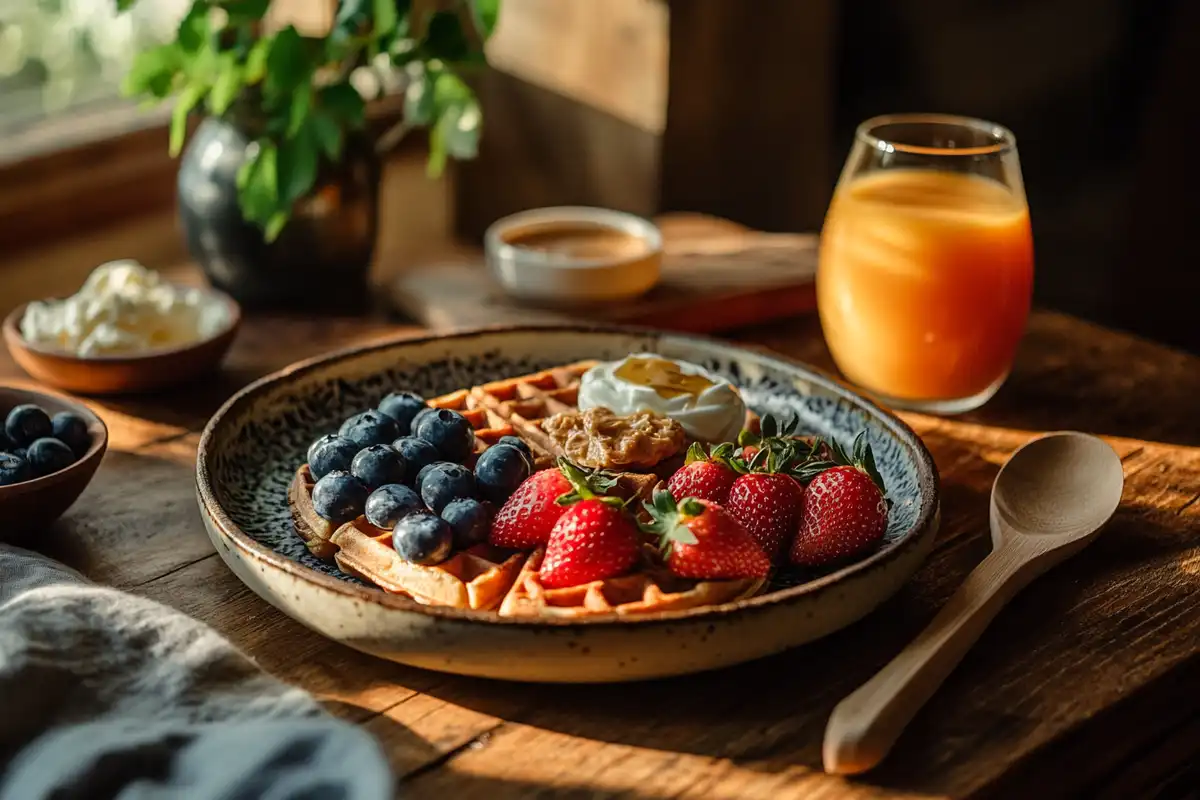 Golden-brown Kodiak waffles topped with strawberries, blueberries, and maple syrup, surrounded by yogurt and orange juice.