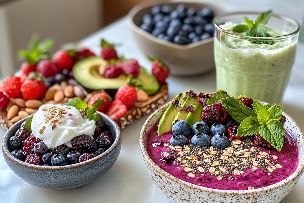 A colorful and balanced PCOS-friendly breakfast featuring scrambled eggs, avocado slices, whole grain toast, and fresh mixed berries.