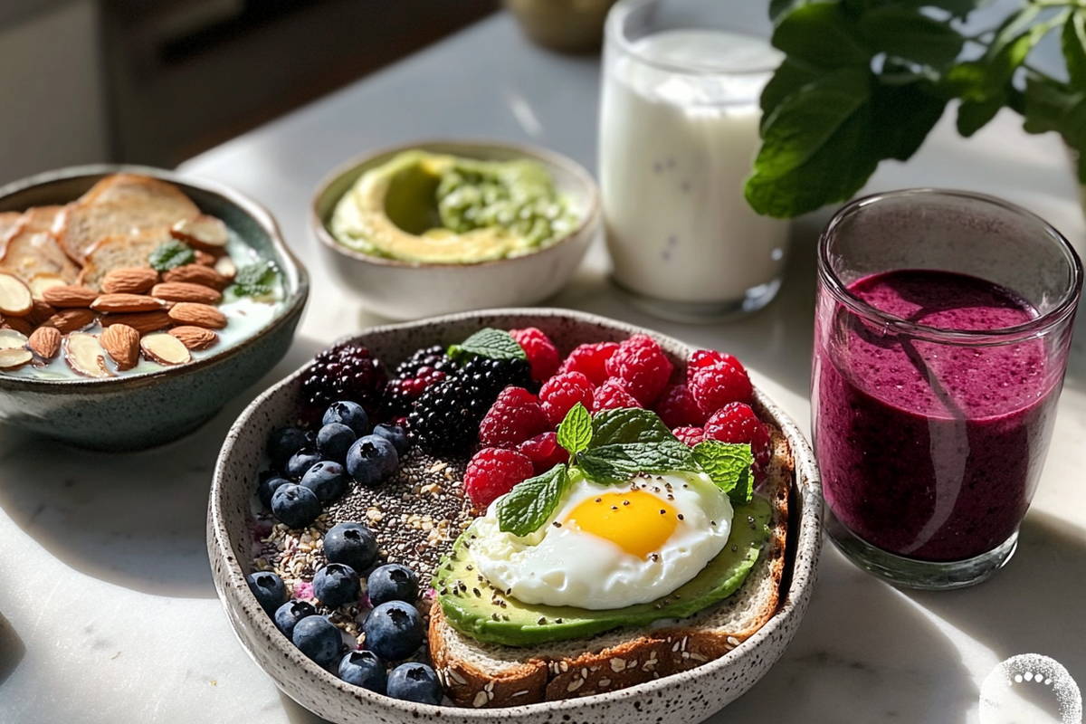 A healthy PCOS-friendly breakfast featuring avocado toast, Greek yogurt with berries, and a berry smoothie.