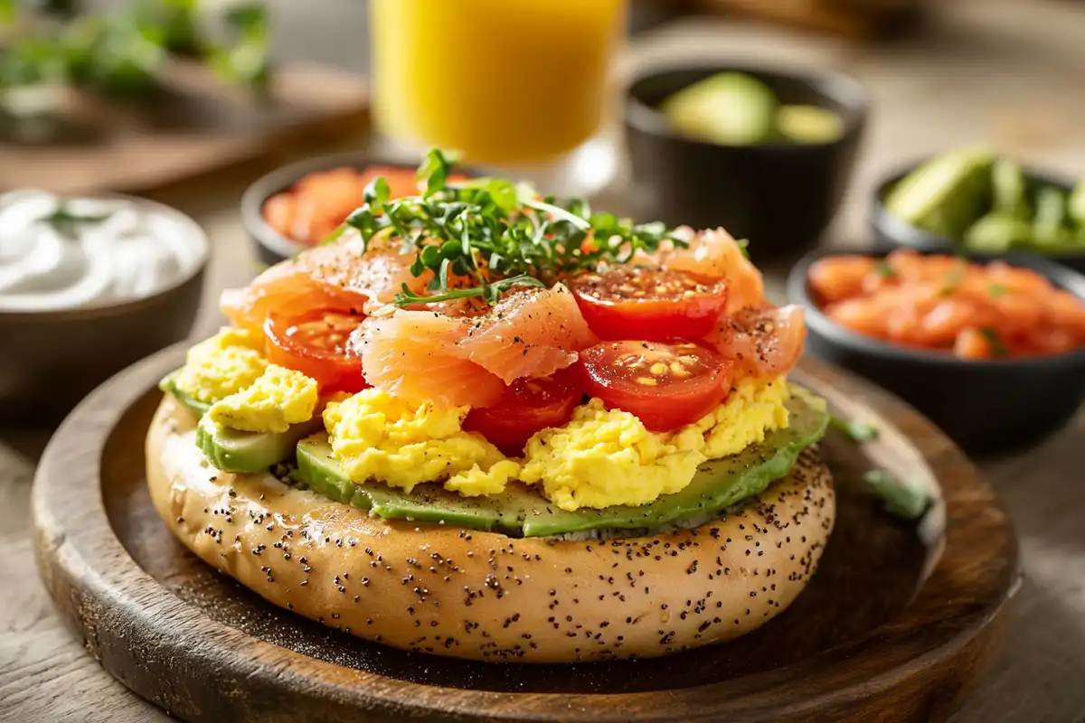 Toasted bagel with scrambled eggs, avocado, tomatoes, and melted cheese on a rustic breakfast table with toppings and coffee.