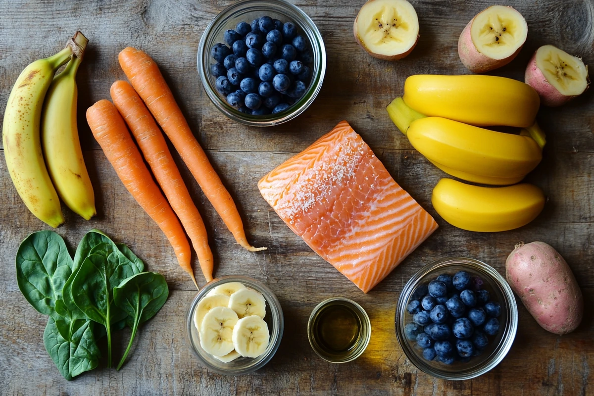 A flat lay of elimination diet-friendly ingredients, including fresh produce, proteins, grains, and healthy oils, displayed on a rustic wooden table.