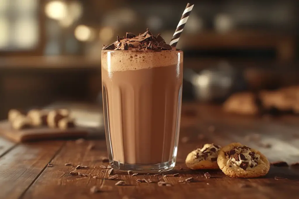 A glass of chocolate milk with a frothy top and garnished with chocolate shavings.