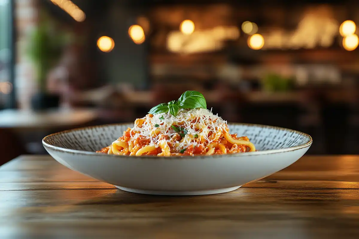 Featured dish of ditalini pasta in a tomato sauce with basil.