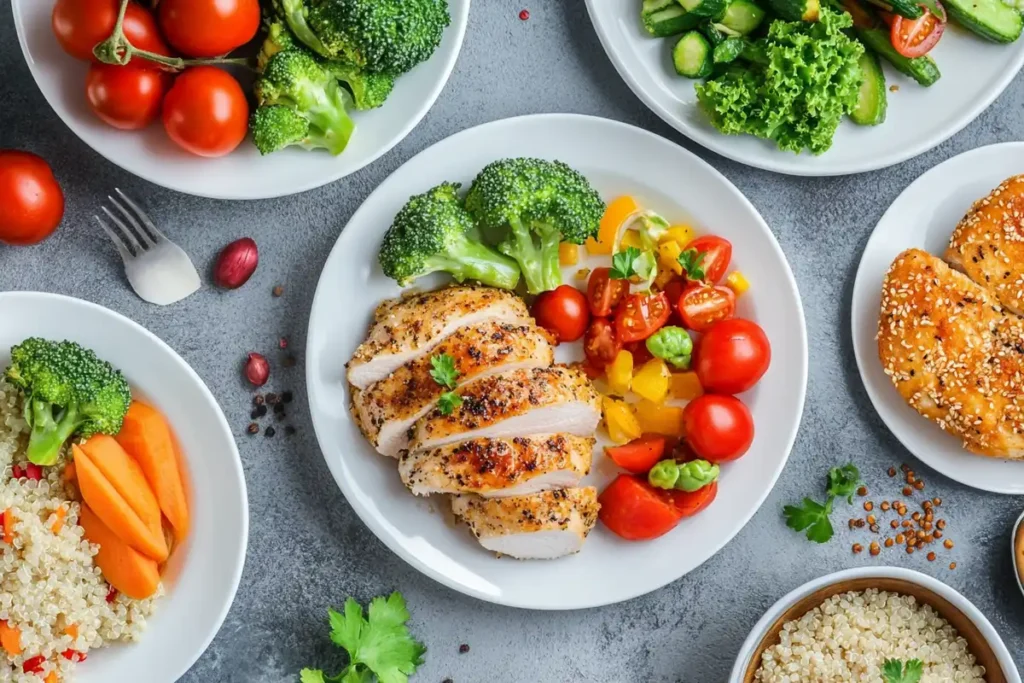 Nutrient-dense elimination diet alternatives, including a variety of colorful vegetables, lean proteins, and grains like quinoa.