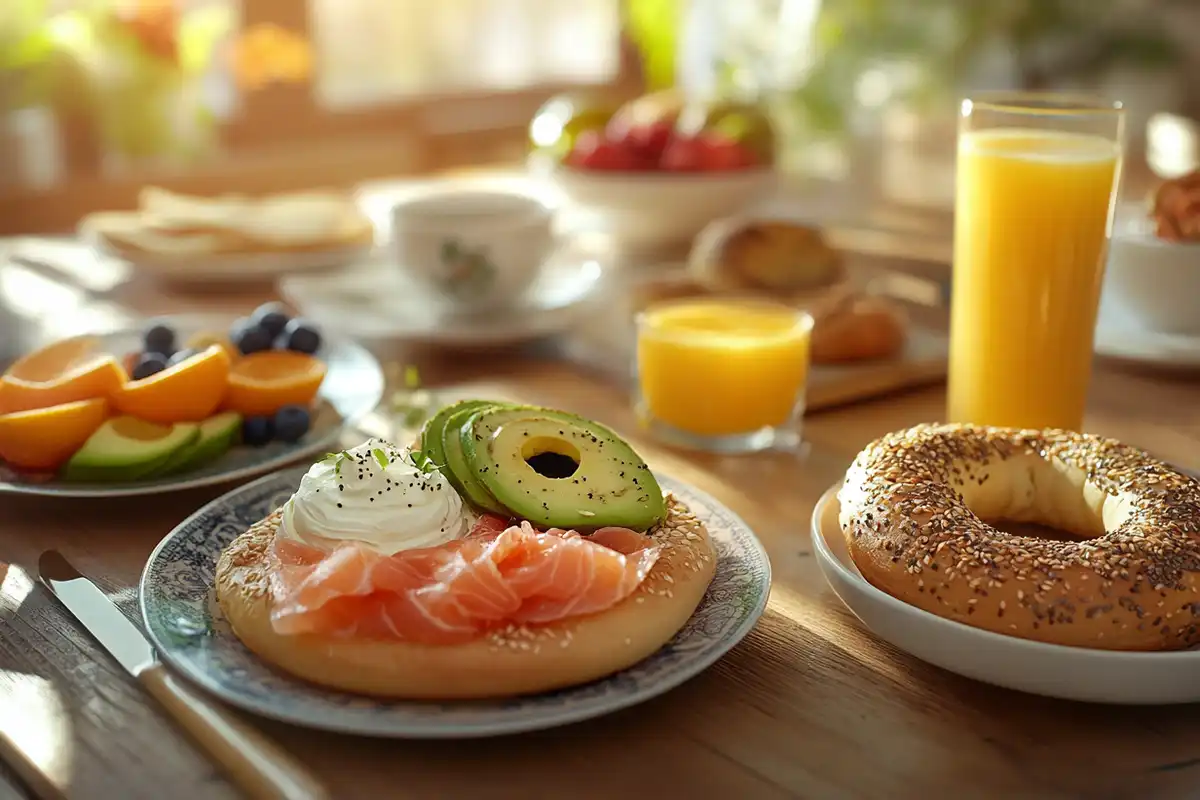 A breakfast table featuring bagels with cream cheese, smoked salmon, avocado, and fresh fruits alongside coffee and orange juice.