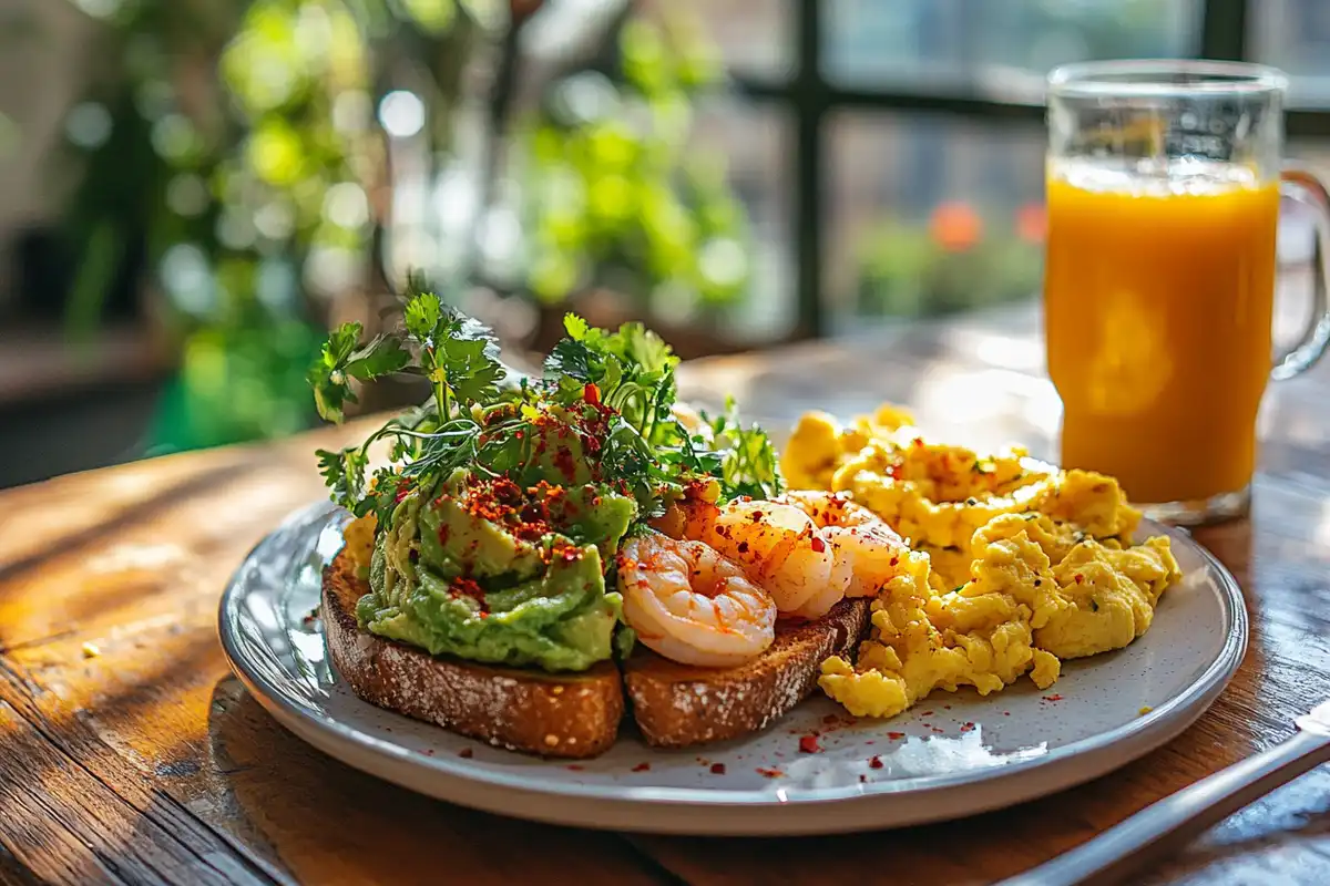 Can I eat shrimp for breakfast? Shrimp avocado toast with chili flakes on a breakfast table, served with scrambled eggs and orange juice.