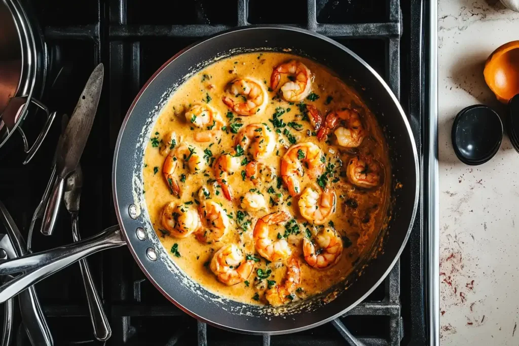 Shrimp simmering in creamy coconut sauce on a stovetop.