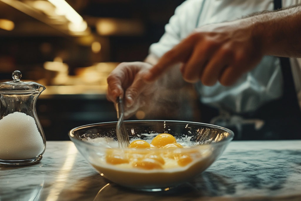 A chef whisking eggs and cream in a glass bowl on a marble countertop.