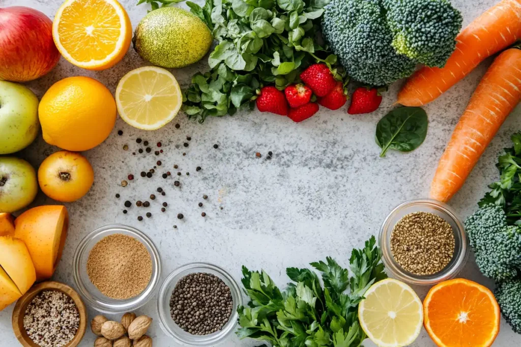 Prepared meals for batch cooking, featuring elimination diet-friendly options like roasted vegetables, quinoa, and grilled chicken in containers.