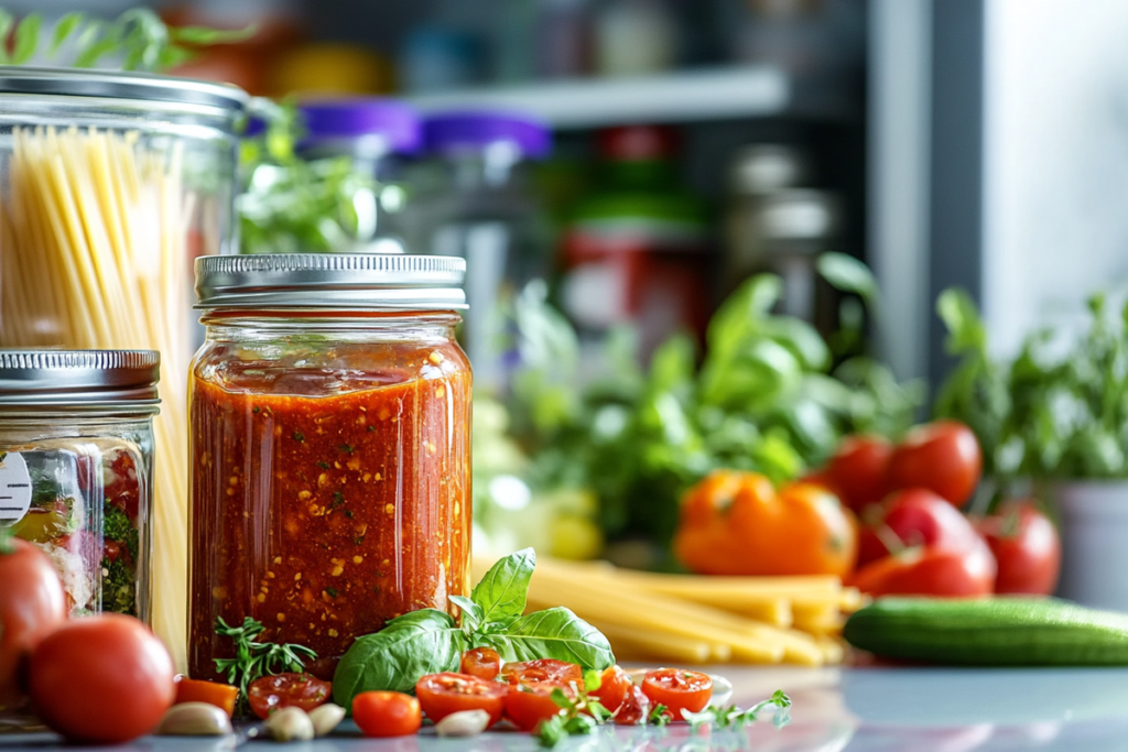 Proper storage of leftover spaghetti sauce in a jar inside a refrigerator.