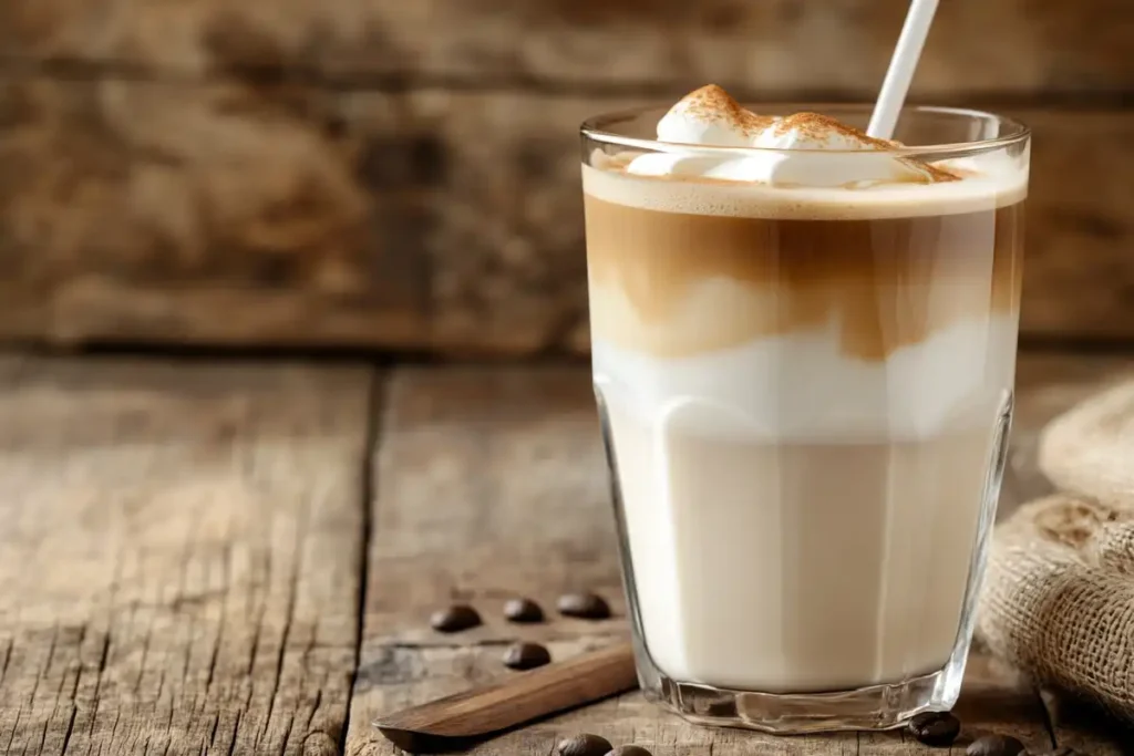 A classic iced latte made with Javy Coffee Concentrate served in a tall glass with milk and ice.