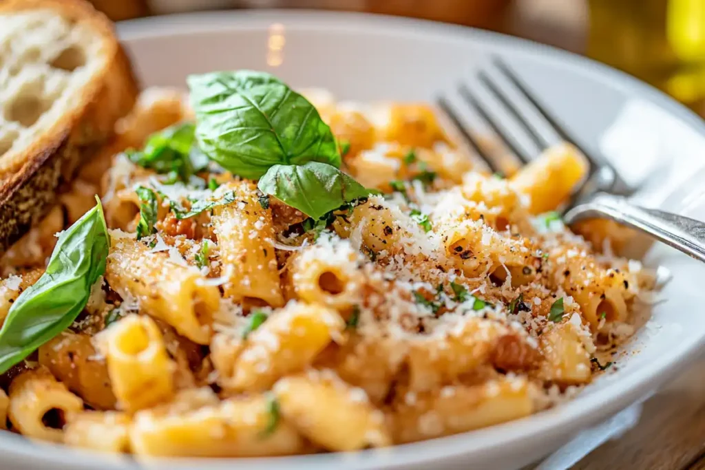A bowl of creamy ditalini pasta garnished with fresh basil and parmesan cheese.
