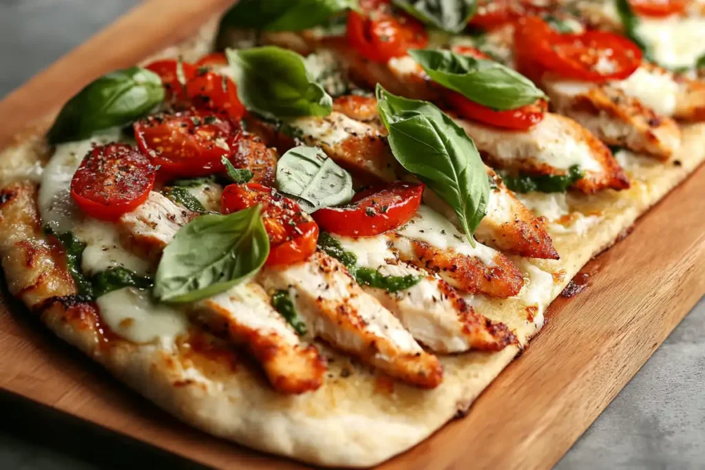 Freshly baked Chicken Flatbread Recipe with golden-brown chicken, melted cheese, diced tomatoes, and fresh basil on a rustic wooden board.