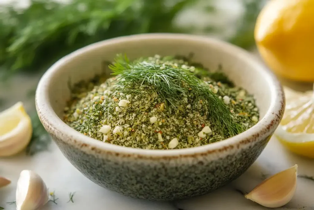 A bowl of homemade dill pickle seasoning with fresh herbs.